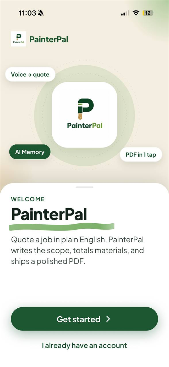 PainterPal jobs list showing quote statuses for recent painting jobs.