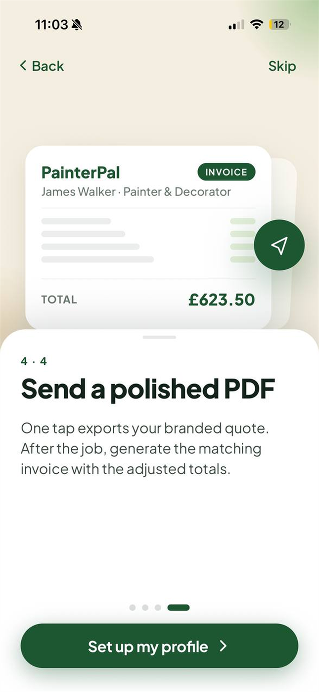 PainterPal quote detail screen for editing a saved painting job quote.